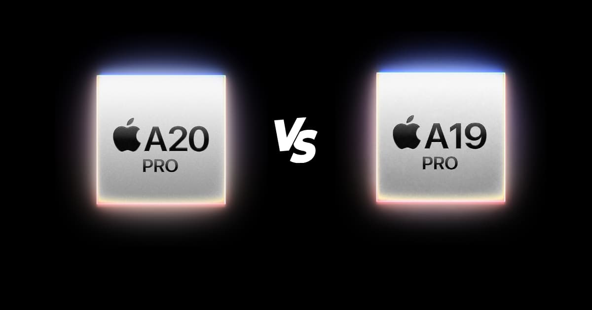 Two Apple Pro chips A20 and A19 facing off with a bold 'VS' between them against a black background.