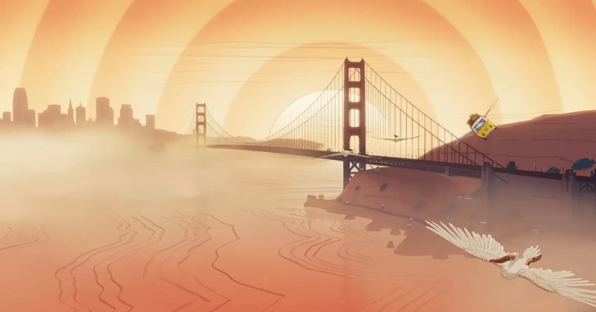 Sunset over the Golden Gate Bridge with foggy water and a white bird flying in the foreground towards the lower right.
