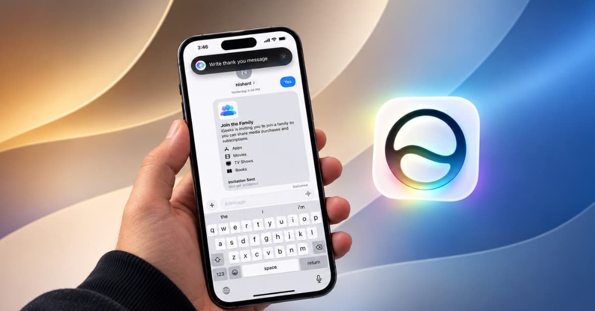 Hand holding an iPhone displaying a chat invitation in Messages, with a glowing colorful app logo on the right.