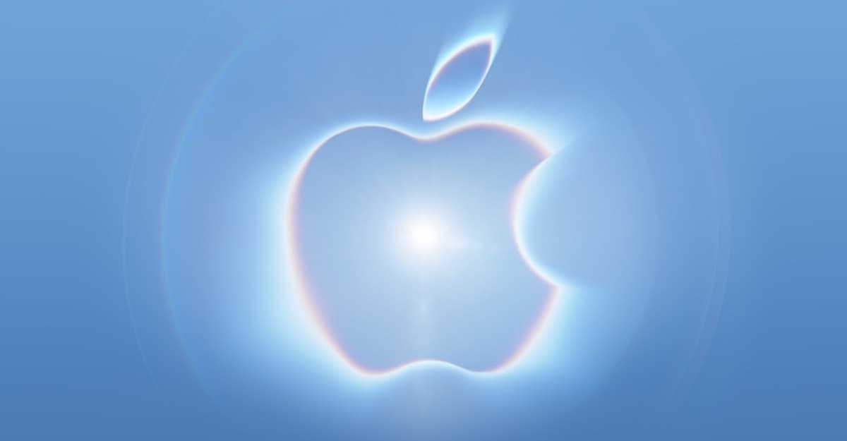 Glowing Apple logo centered on a blue gradient background.