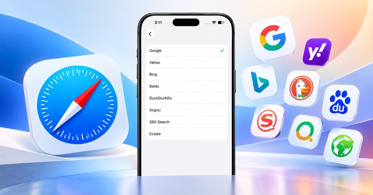 iPhone screen showing a list of search engines with a large Safari icon to the left and colorful app icons to the right.