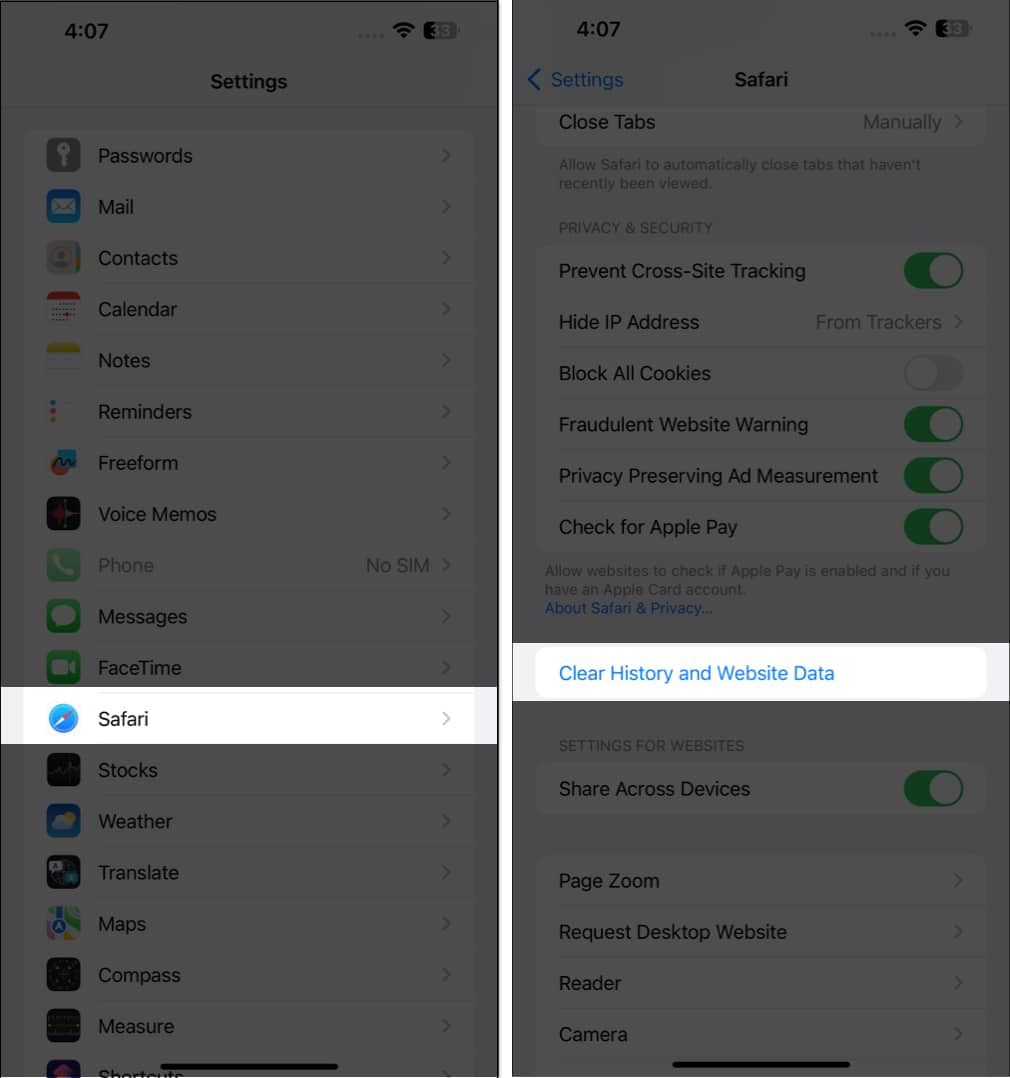 Access safari, clear history and website data in the settings app