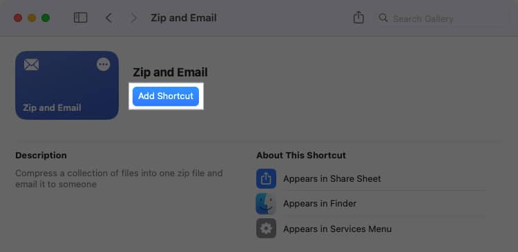 Add Shortcut button in macOS Shortcuts app when adding a new shortcut to library