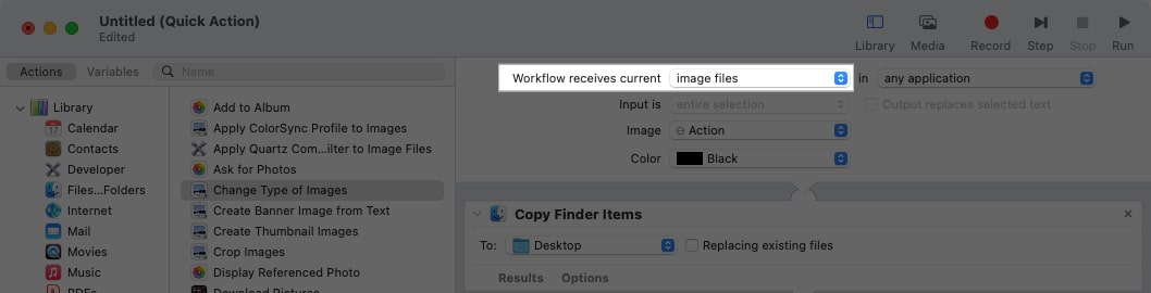 Workflow Receives Current option to select input elements in Automator