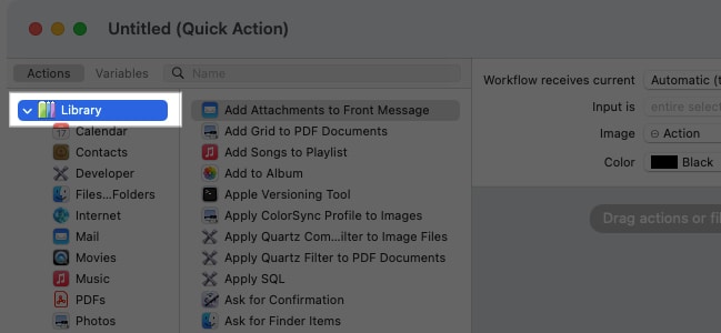 Actions tab with Library menu open in the Automator app on a Mac