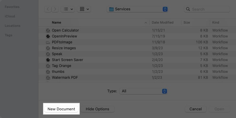 New Document button in the Automator app on a Mac