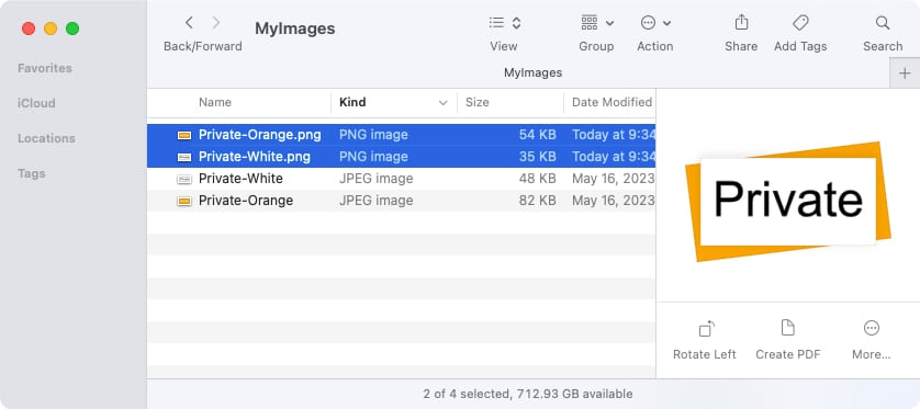 Finder window showing a list of images converted to PNG using the Convert to PNGs Quick Action