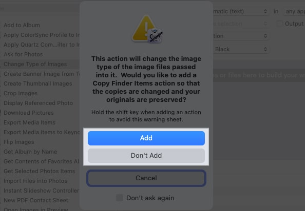 Prompt confirming addition of an action in a Quick Action in macOS Automator app