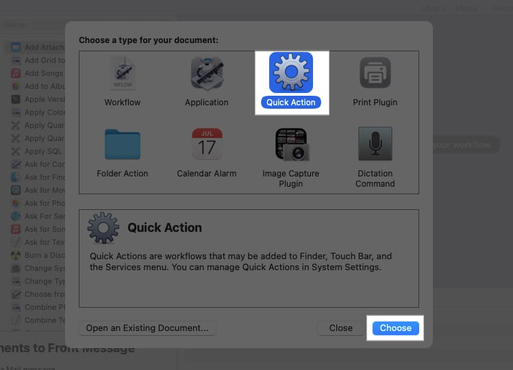 Quick Action and other document types in the Automator app on a Mac