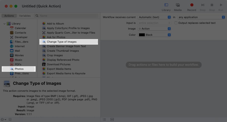 Photos and Change Type of Images actions selected in macOS Automator app