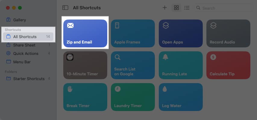 Zip and Email shortcut in the Shortcuts app library