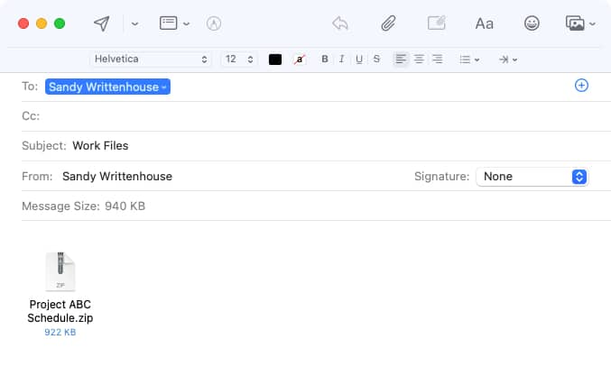 Mail app with all the details populated using the Zip and Email shortcut