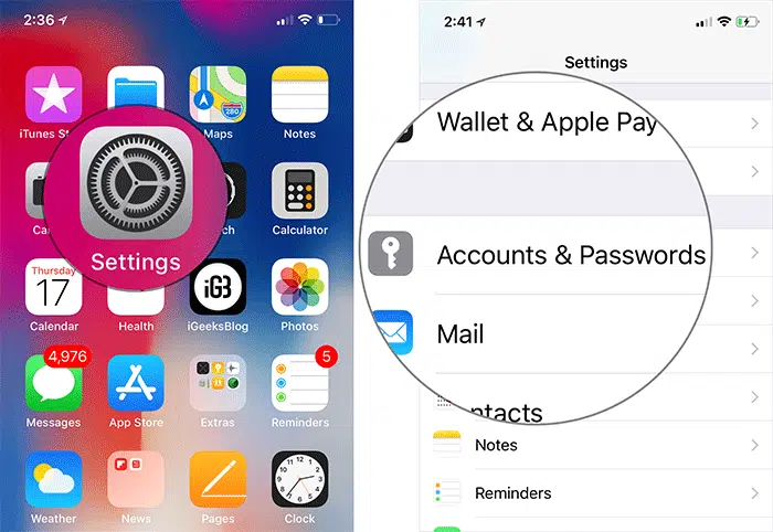 Tap on Settings then Accounts Passwords in iPhone or iPad Settings