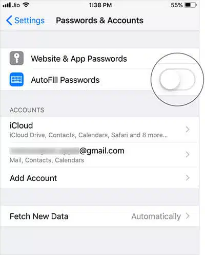 Turn off the switch next to AutoFill Passwords in iPhone Settings