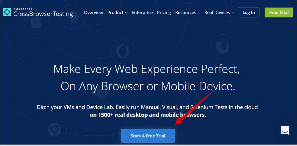 Click on Start A Free Trail to Create Account in Crossbrowsertesting Web