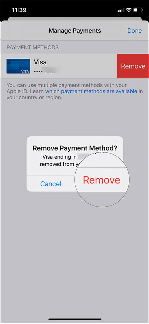 Confirm Action to Remove Credit Card from Apple ID on iOS Device