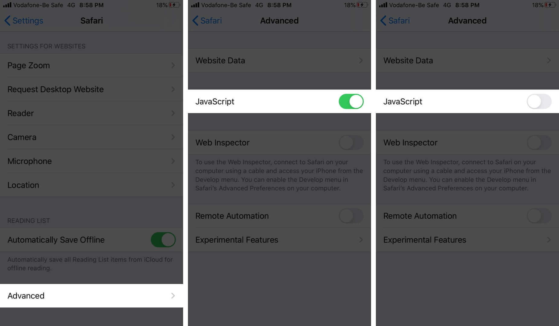 Turn Off JavaScript in Safari Settings on iPhone