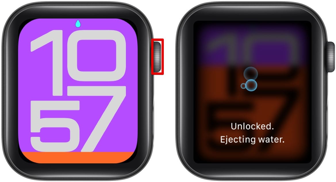 Tekan dan tahan mahkota digital untuk mematikan kunci air dan mengeluarkan air dari Apple Watch