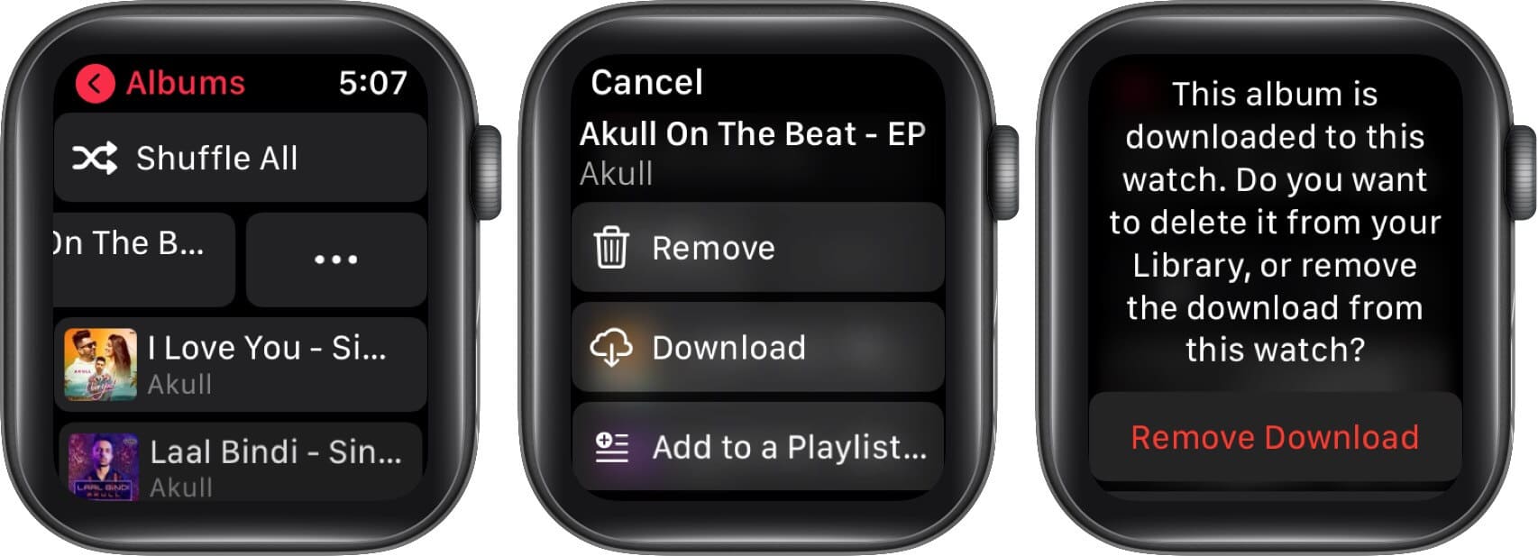 tap on three dots and tap on remove to delete music to free up space in apple watch