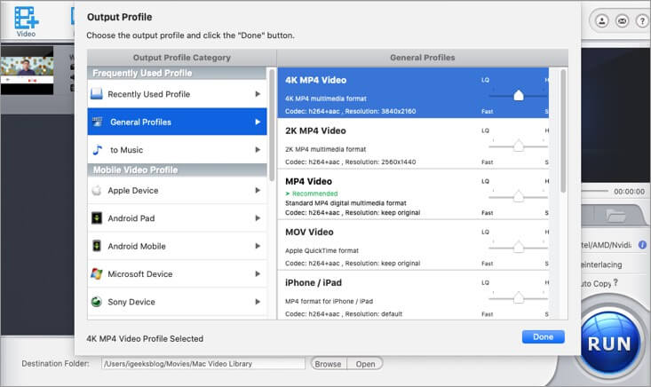 Select Output Profile for Video in WinX HD Video Converter on Mac