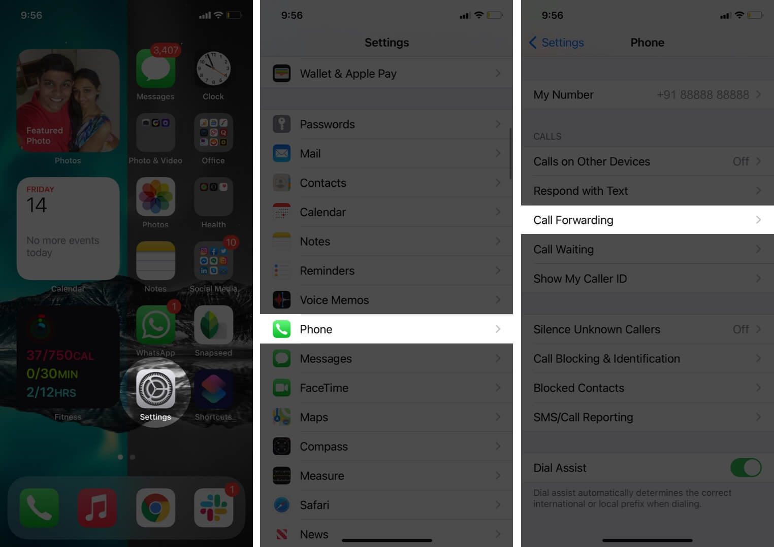 open settings tap on phone and select call forwarding on iphone