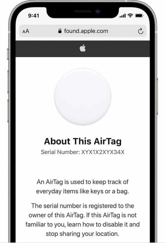 Apple Found website showing AirTag Serial Number