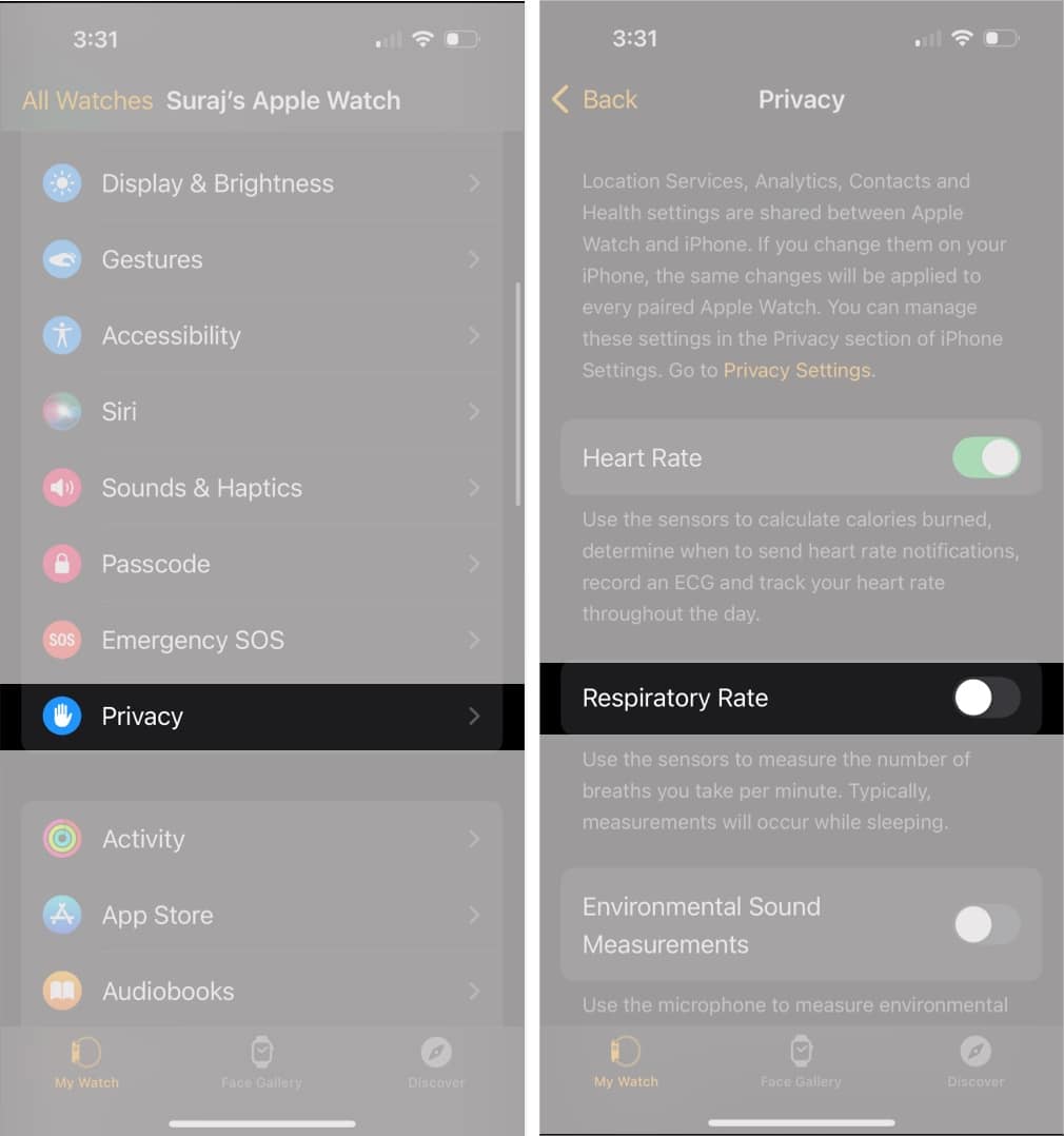 iPhone의 Watch 앱에서 호흡수 끄기