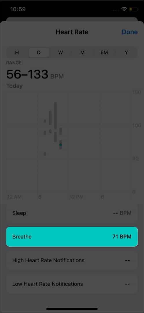 Tap Breathe to see heart rate on iPhone