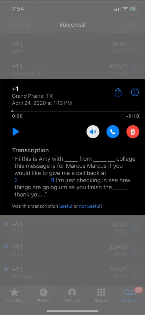 Play callback and trash voicemail on iphone