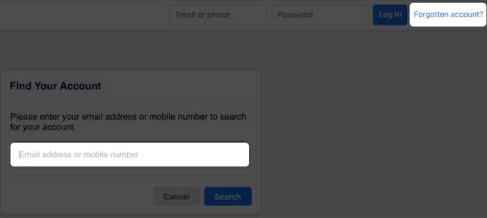 Search your account by entering your email address on Facebook on Desktop