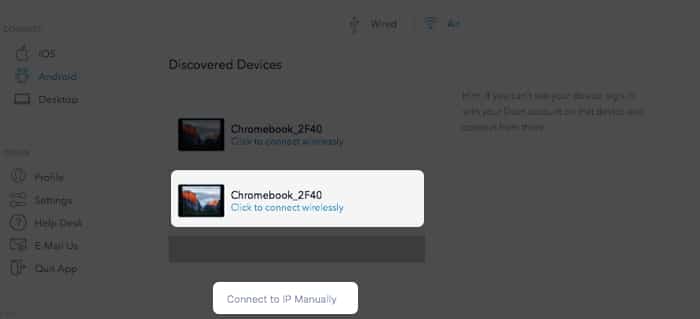 Click Click to connect wirelessly to Add Chromebook on Mac