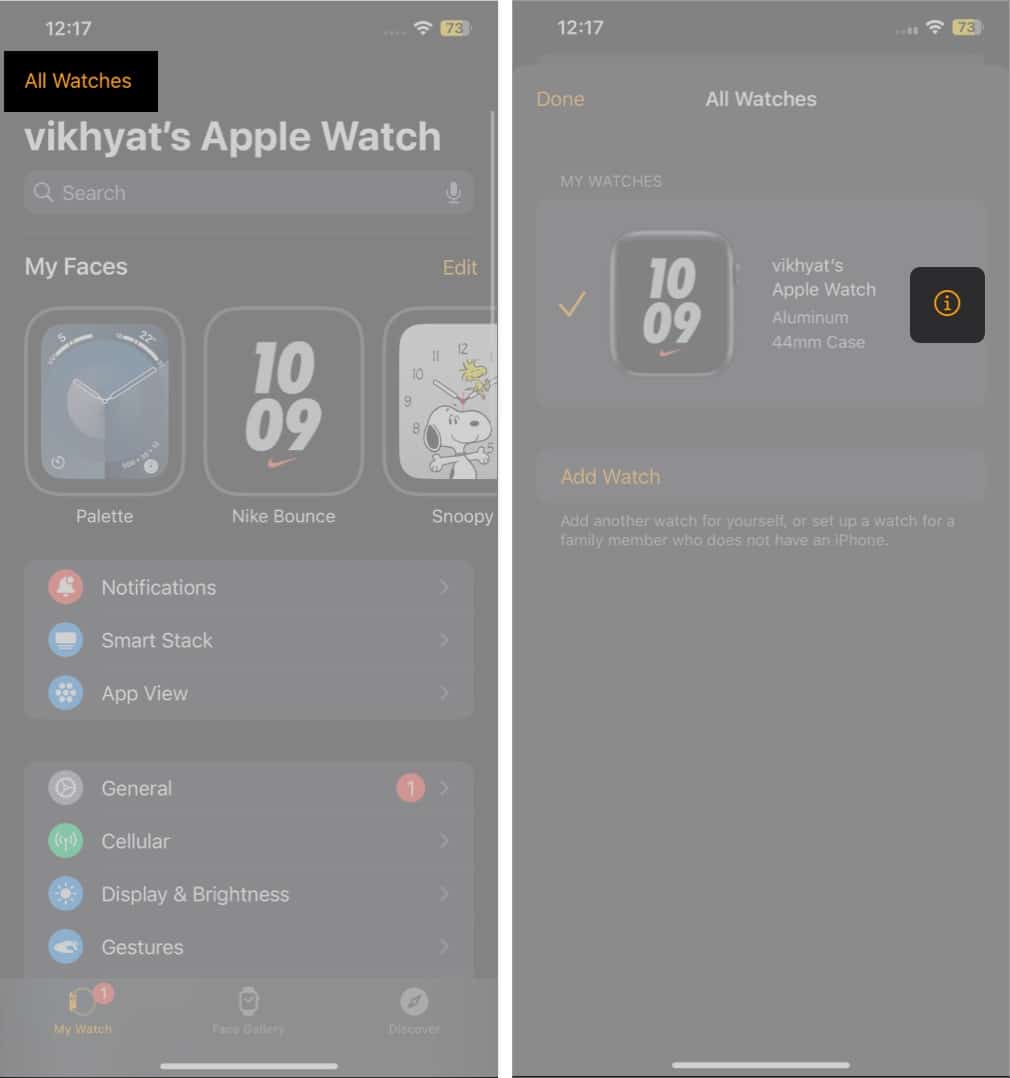 Tap info icon in Watch app on iPhone