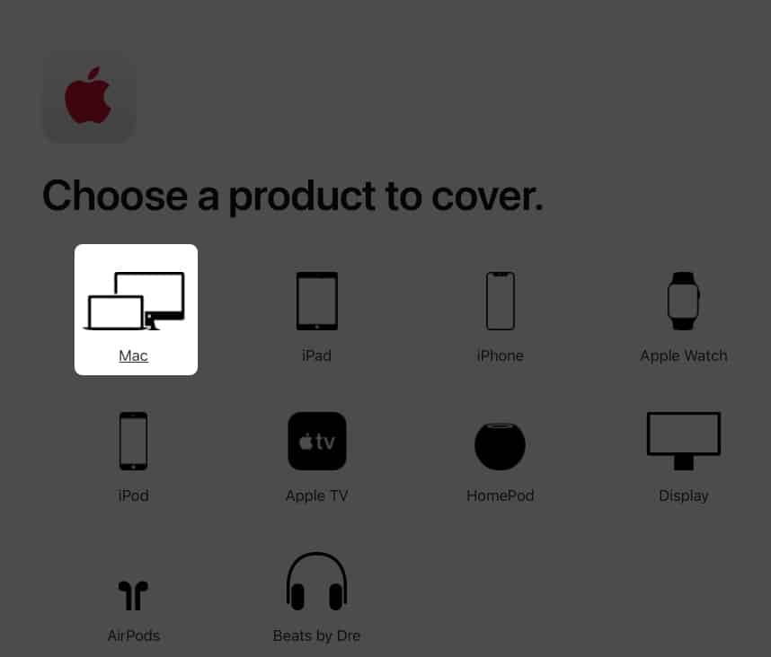 Az AppleCare alatt lefedendő Mac ikon kiválasztása
