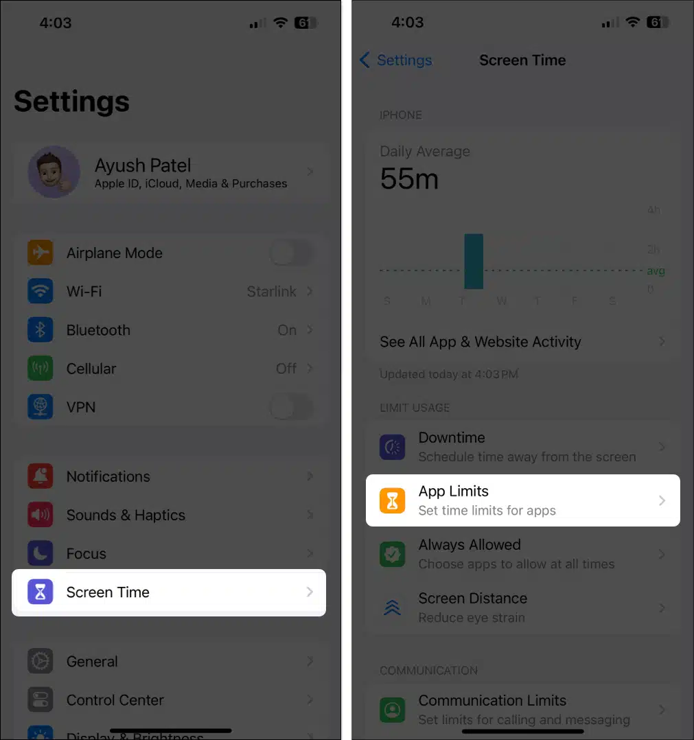 Navigate to Screen Time, tap on App Limits on iPhone