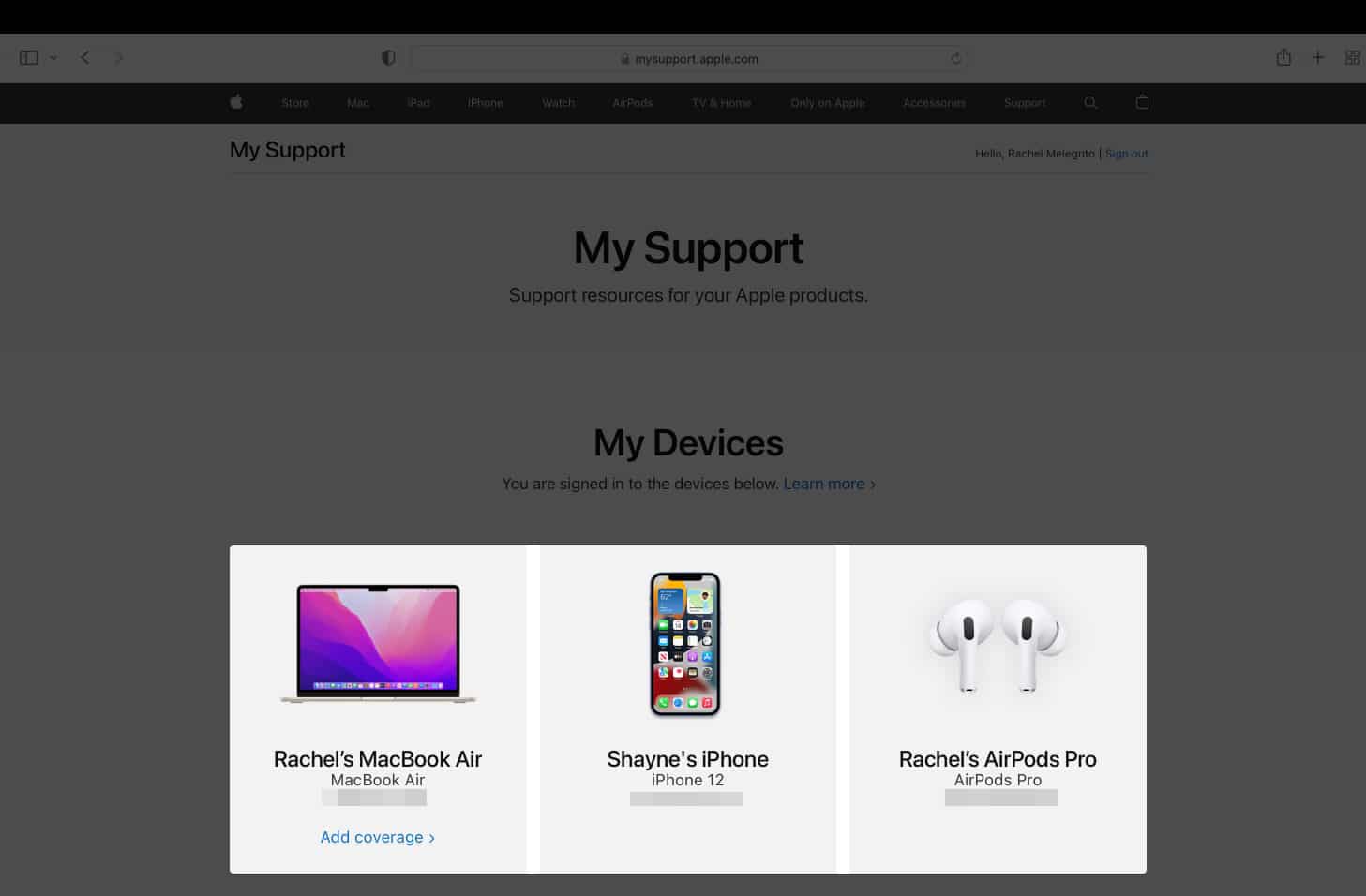 Garantistatus för Apple-enheter under Mina enheter på en webbläsare