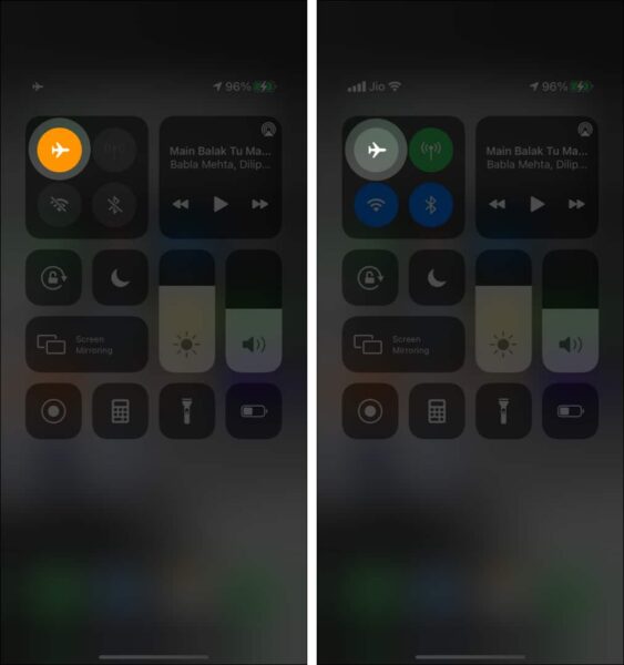 Airplane mode toggle in the Control Center on an iPhone