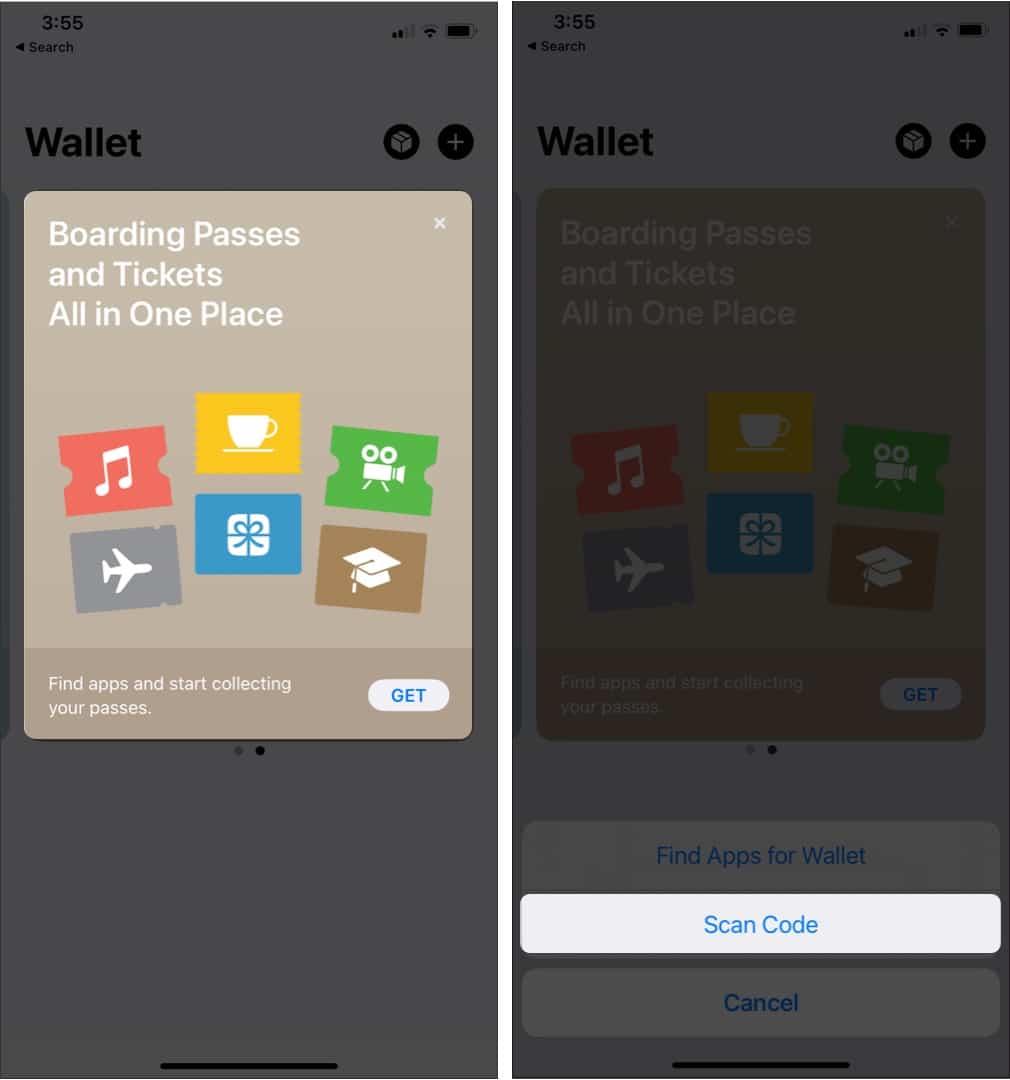 Добавление пропуска или билета в Apple Wallet на iPhone с помощью параметра «Сканировать код»