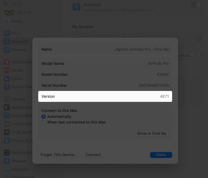 Check firmware version of airpods from mac