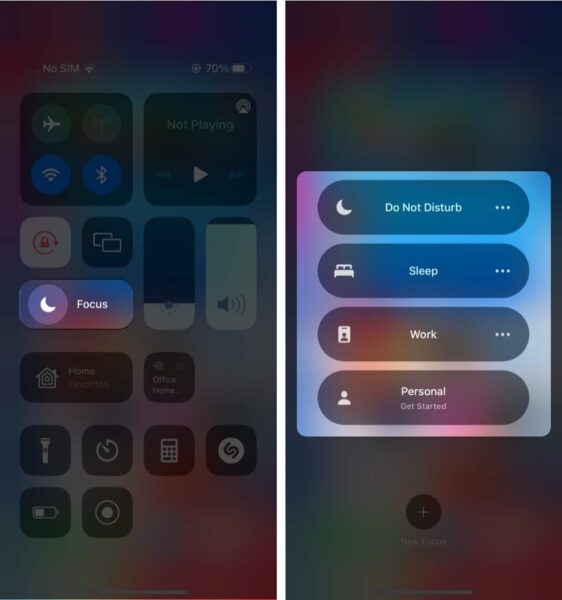 Focus mode selection in the Control Center on an iPhone