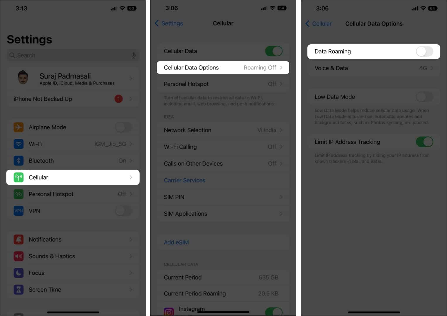 Steps showing how to turn Roaming Data off on an iPhone