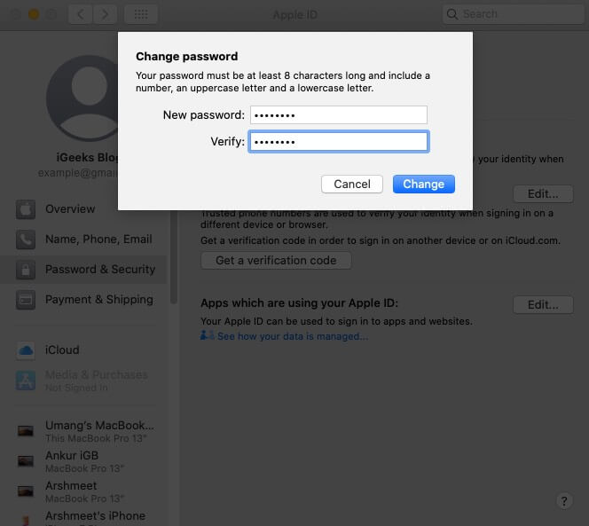 enter new password and click on change to reset apple id password from mac