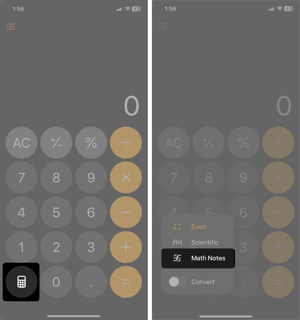 Open Math Notes in Calculator app on iPhone