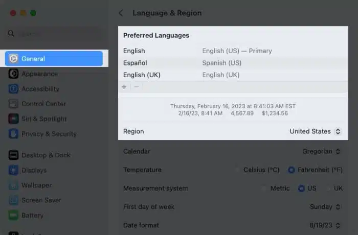 Open your System Settings go to General and pick Language Region