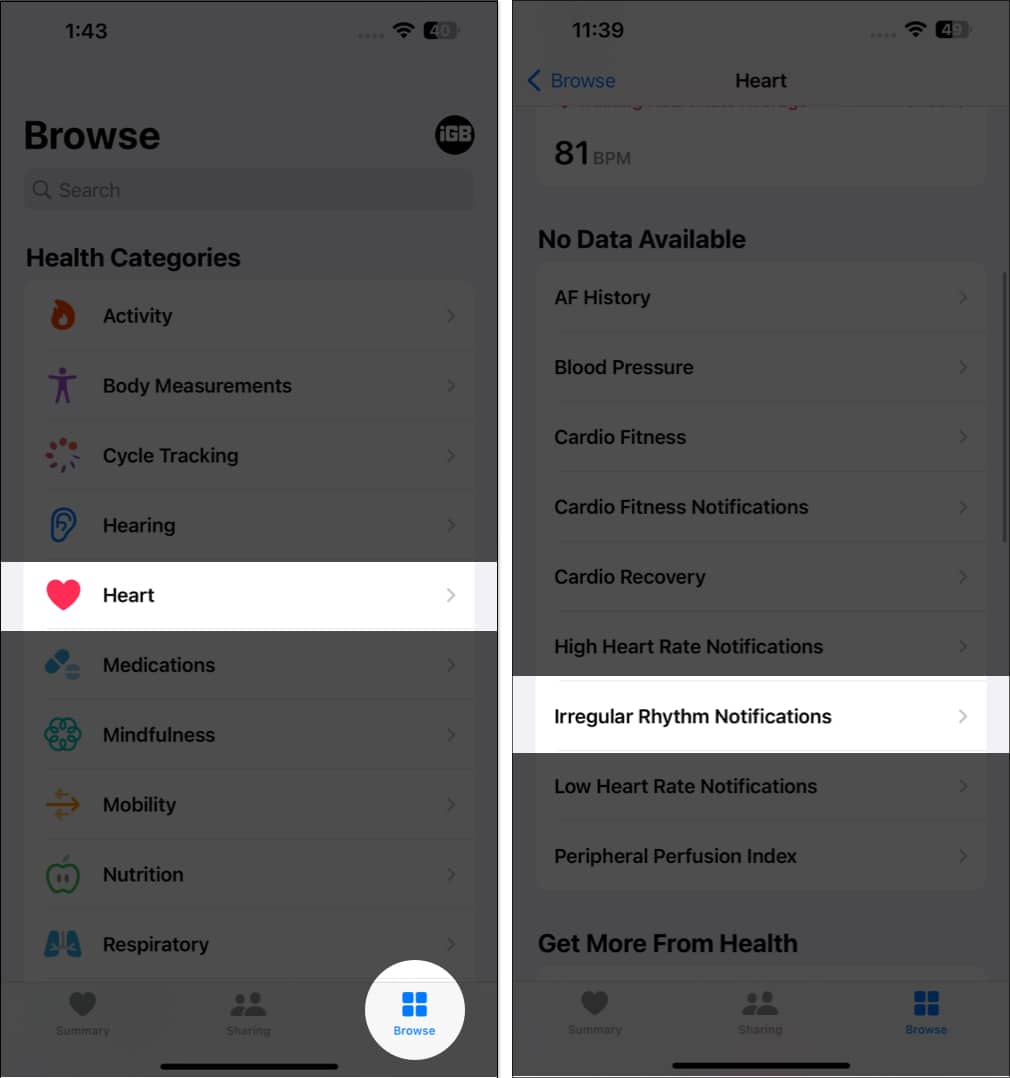 Tap on Irregular Rhythm Notifications in Health app on iPhone