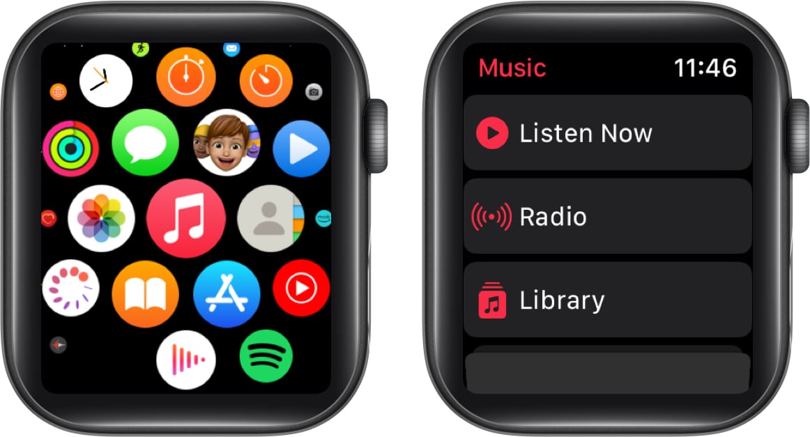 Откройте приложение «Музыка» и коснитесь «Библиотека» на Apple Watch.