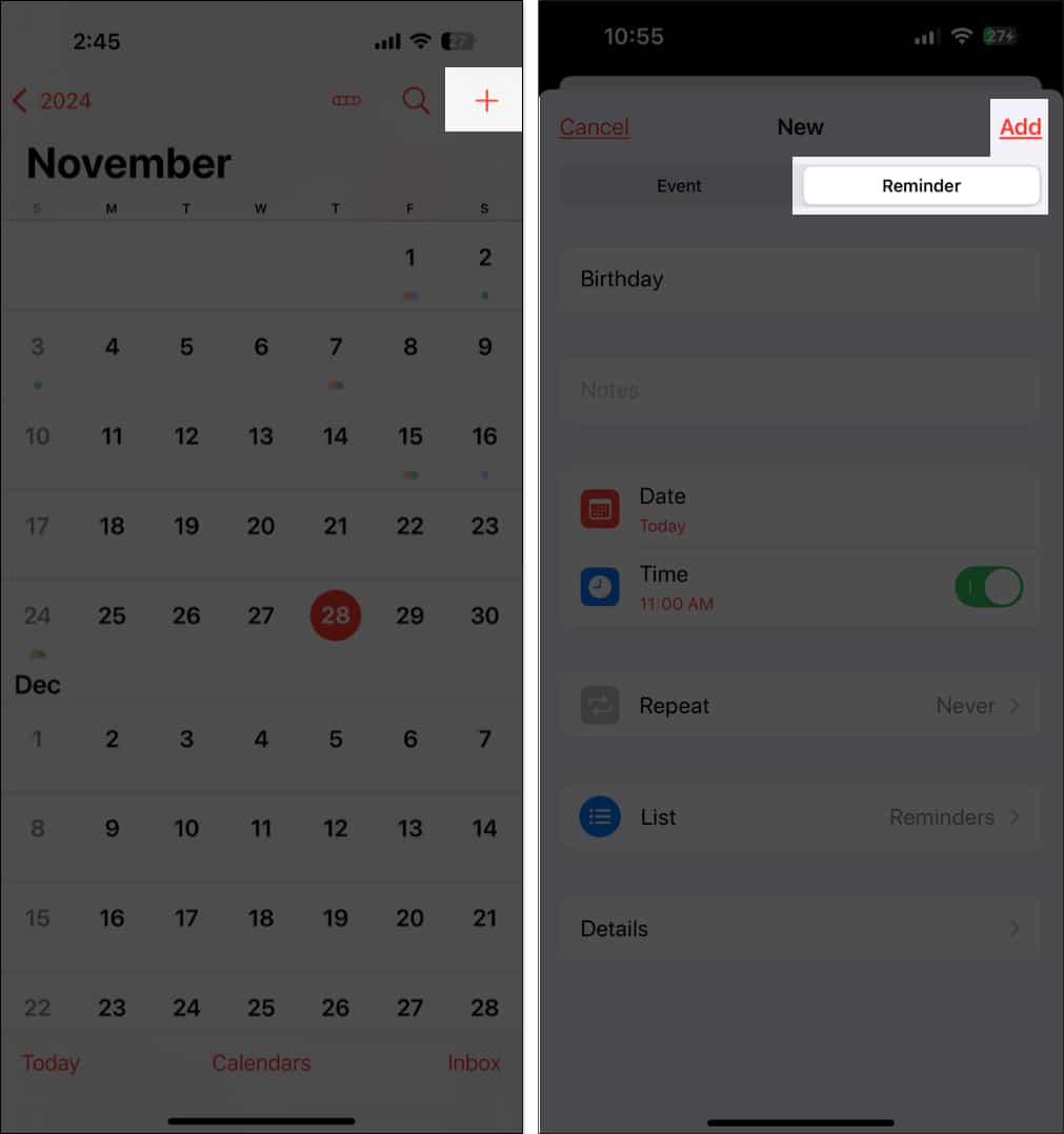 Create reminder in Calendar app on iPhone