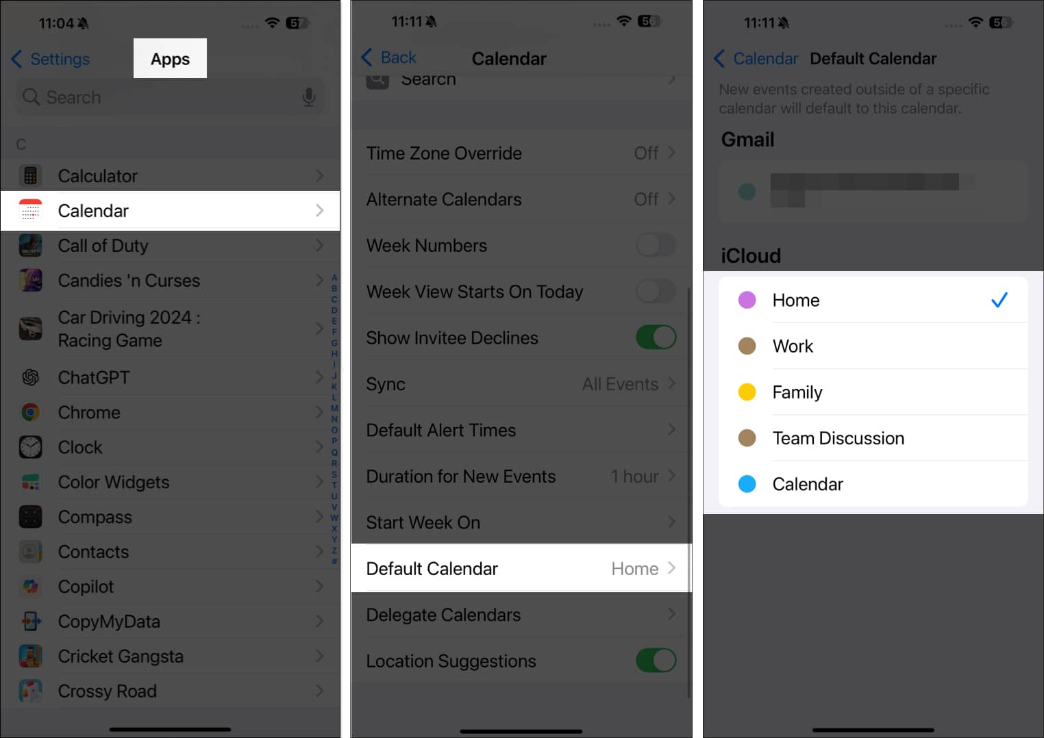 Select Default calendar in settings app on iPhone