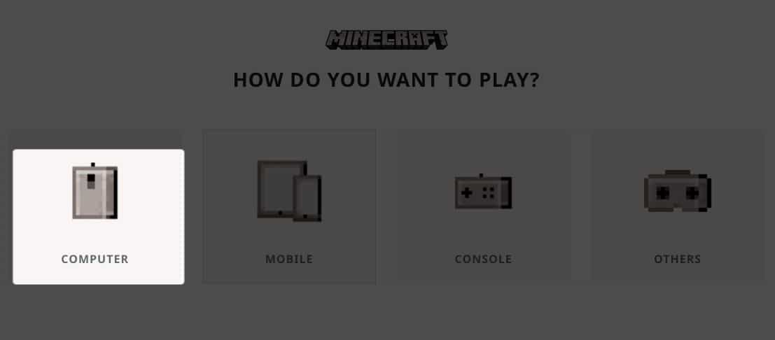 Выбор компьютера в Minecraft