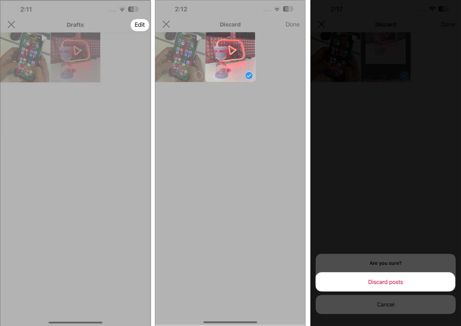 Discard selected drafts in Instagram on iPhone