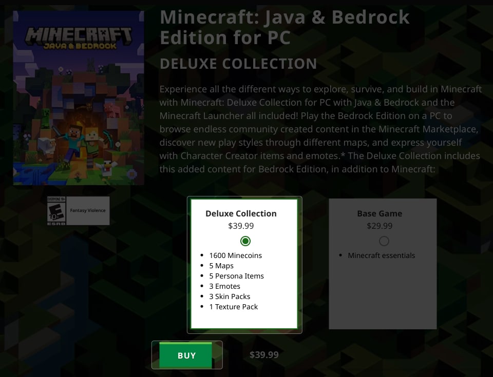 Выберите коллекцию Deluxe, нажмите «КУПИТЬ» в Minecraft.